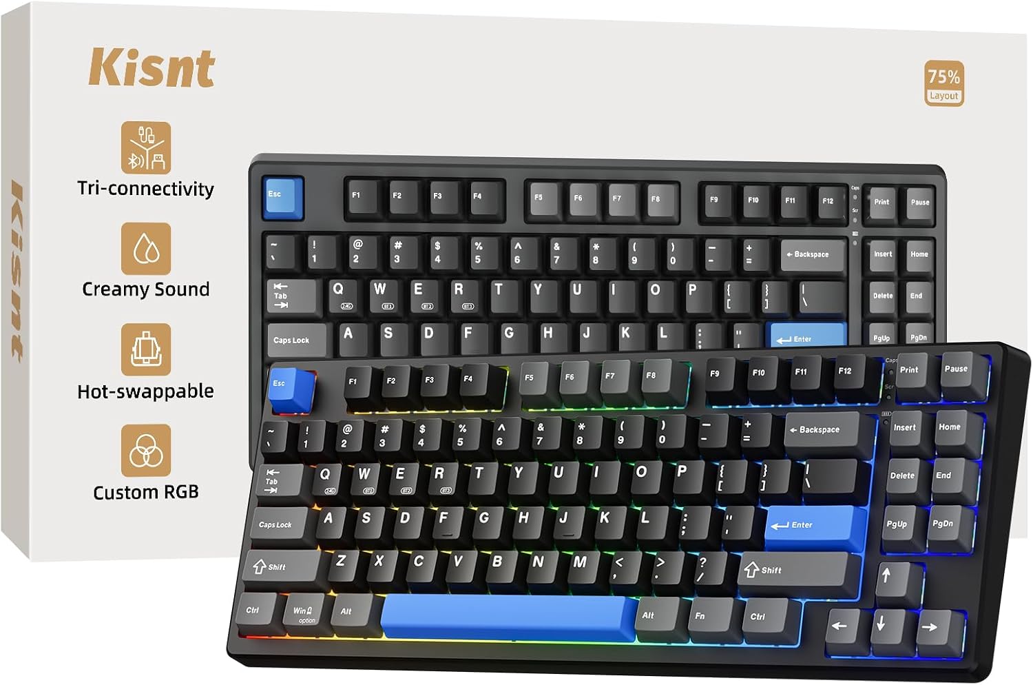 Kisnt KN85 Wireless Mechanical Keyboard, 75% Layout, Bluetooth/2.4GHz/USB-C, Custom RGB Backlit, Hot-Swappable Linear Switch, Creamy Sound for Gaming/Typing (Textured Black)