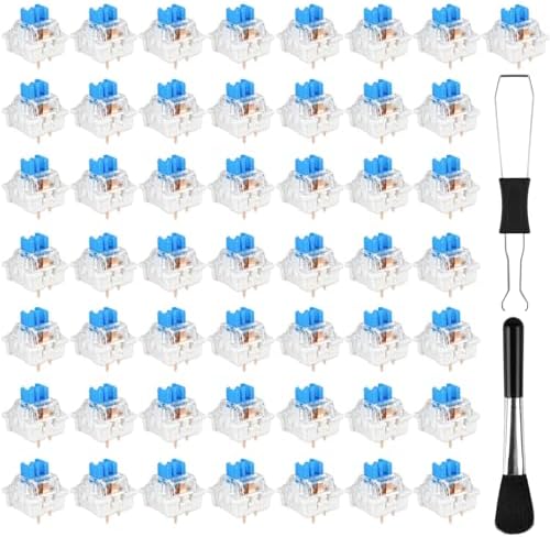 50 Pcs Blue Keyboard Switches, 3-Pin Clicky Tactile Mechanical Keyboard Switches, Complete DIY Replacement Kit with Switch Puller & Brush